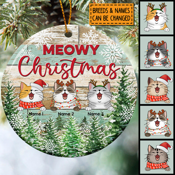 Personalised Meowy Christmas Old Wooden Circle Ceramic Ornament - Personalized Cat Lovers Decorative Christmas Ornament