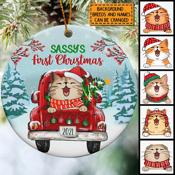 Cat 1st Christmas, Red Truck Circle Ceramic Ornament, Personalized Cat Breeds Ornament, Cat Lovers Gifts