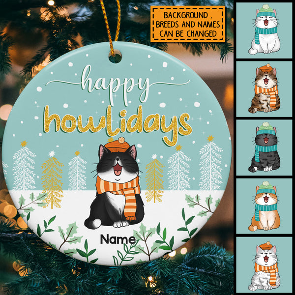 Happy Howlidays Circle Ceramic Ornament, Cat With Floral Background, Personalized Cat Lovers Decorative Christmas Ornament