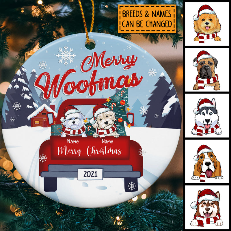 Merry Woofmas Red Truck Blue Tones Circle Ceramic Ornament - Personalized Dog Lovers Decorative Christmas Ornament
