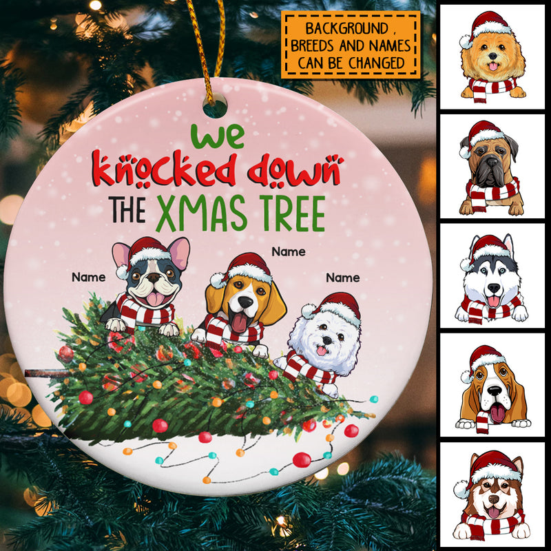 We Knock Down The Xmas Tree, Naughty Dog Bauble, Personalized Dog Breeds Ornament, Circle Ceramic Ornament