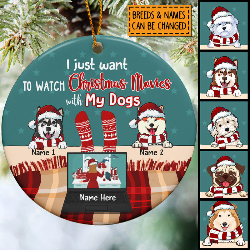 To Watch Xmas Movies With My Dogs Green Circle Ceramic Ornament - Personalized Dog Lovers Decorative Christmas Ornament