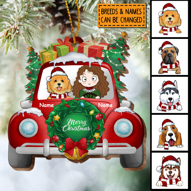 Merry Christmas Dog & Girl In Red Truck Shaped Wooden Ornament - Personalized Dog Lovers Decorative Christmas Ornament