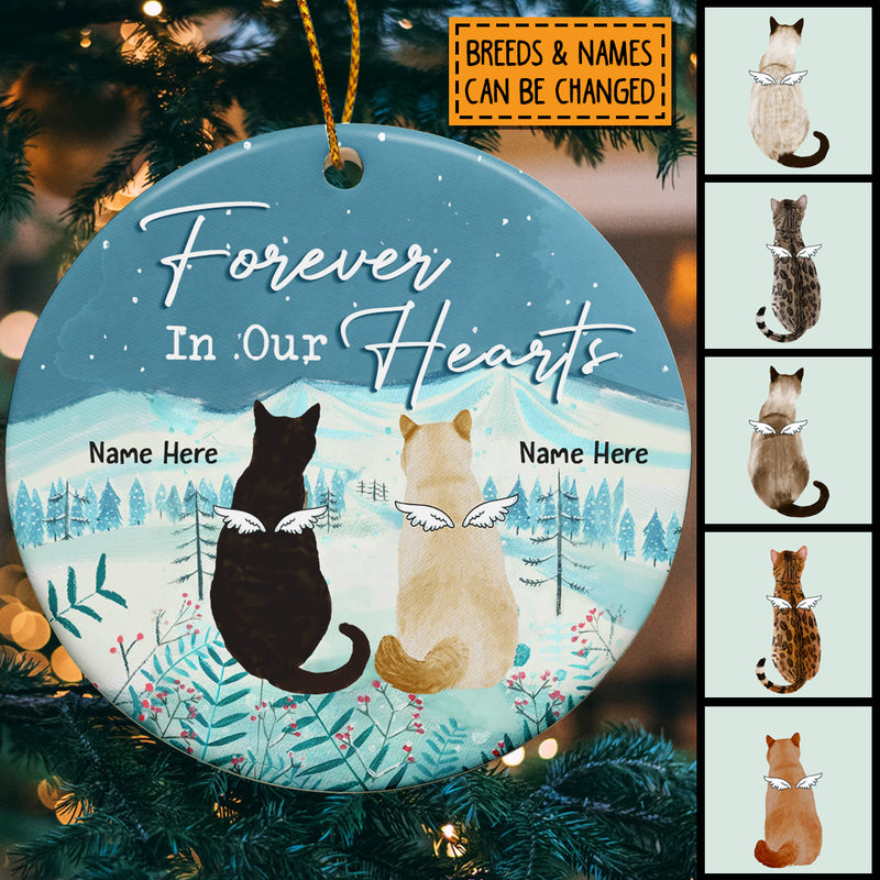 Forever In Our Heart Bluetone Circle Ceramic Ornament - Personalized Angel Cat Lovers Decorative Christmas Ornament
