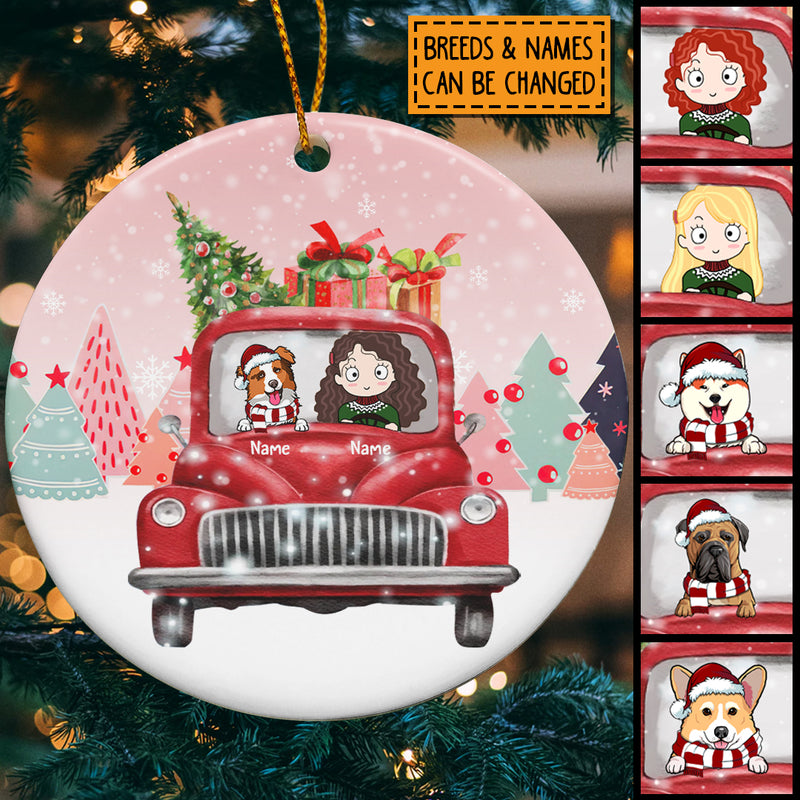 Personalised Girl & Dog On Red Truck Circle Ceramic Ornament - Personalized Dog Lovers Decorative Christmas Ornament