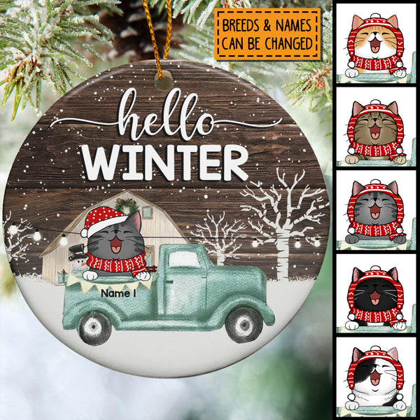 Hello Winter Mint Truck Brown Wooden Circle Ceramic Ornament - Personalized Cat Lovers Decorative Christmas Ornament