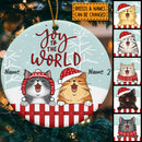 Joy To The World Mint Green Red Fence Circle Ceramic Ornament - Personalized Cat Lovers Decorative Christmas Ornament