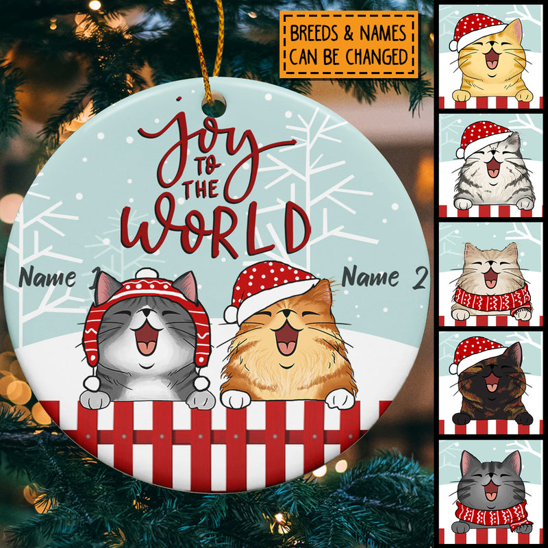 Joy To The World Mint Green Red Fence Circle Ceramic Ornament - Personalized Cat Lovers Decorative Christmas Ornament