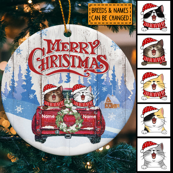 Merry Christmas Blue Tree Red Truck Circle Ceramic Ornament - Personalized Cat Lovers Decorative Christmas Ornament