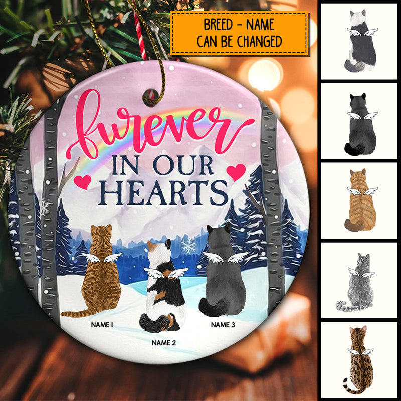 Forever In Our Hearts, Winter Forest Circle Ceramic Ornament, Personalized Cat Breeds, Cat Memorial Ornament