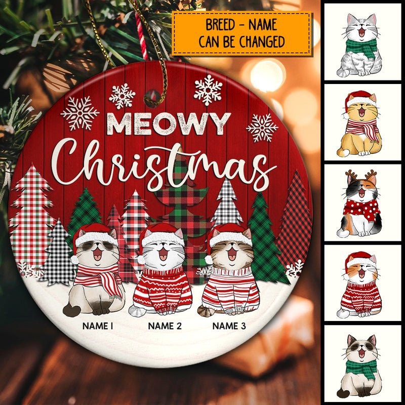 Meowy Christmas Circle Ceramic Ornament, Cats With Colors Checkered Pattern Pine Tree, Personalized Cat Lovers Christmas Decorative Ornament