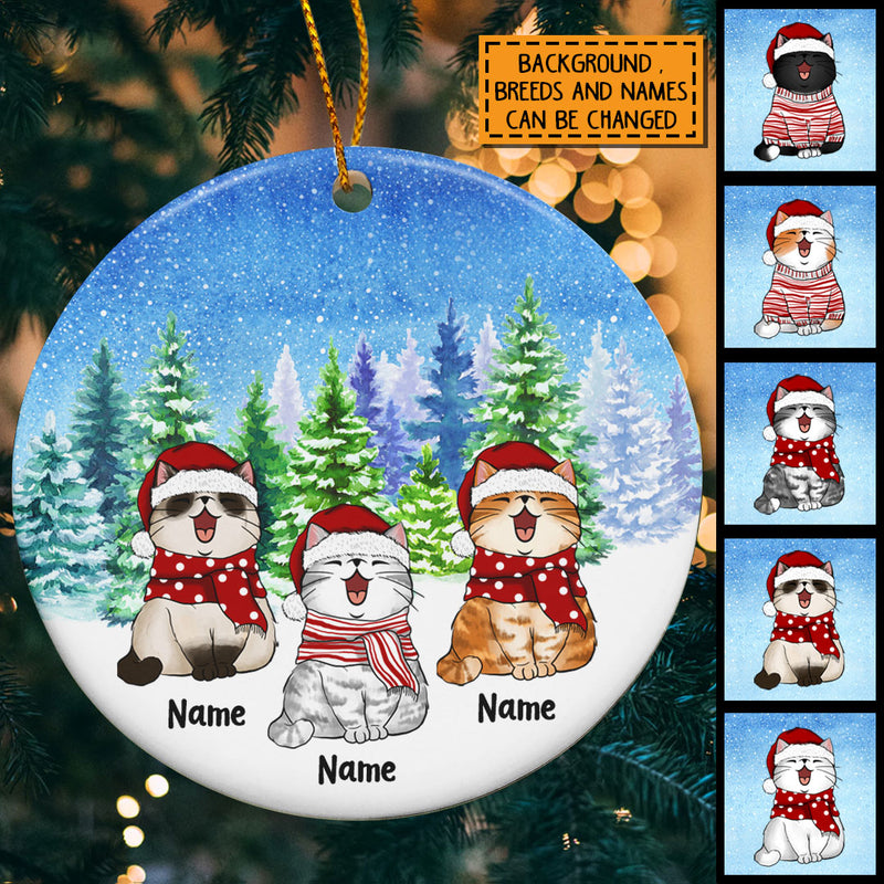 Personalised Xmas Snowy Pine Forrest Circle Ceramic Ornament - Personalized Cat Lovers Decorative Christmas Ornament