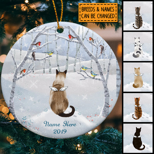 Personalised Cat In Snowy Field Memorial Circle Ceramic Ornament - Personalized Angel Cat Decorative Christmas Ornament