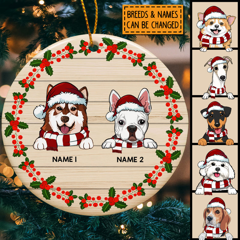 Personalised Dogs On Pale Wooden Circle Ceramic Ornament - Personalized Dog Lovers Decorative Christmas Ornament