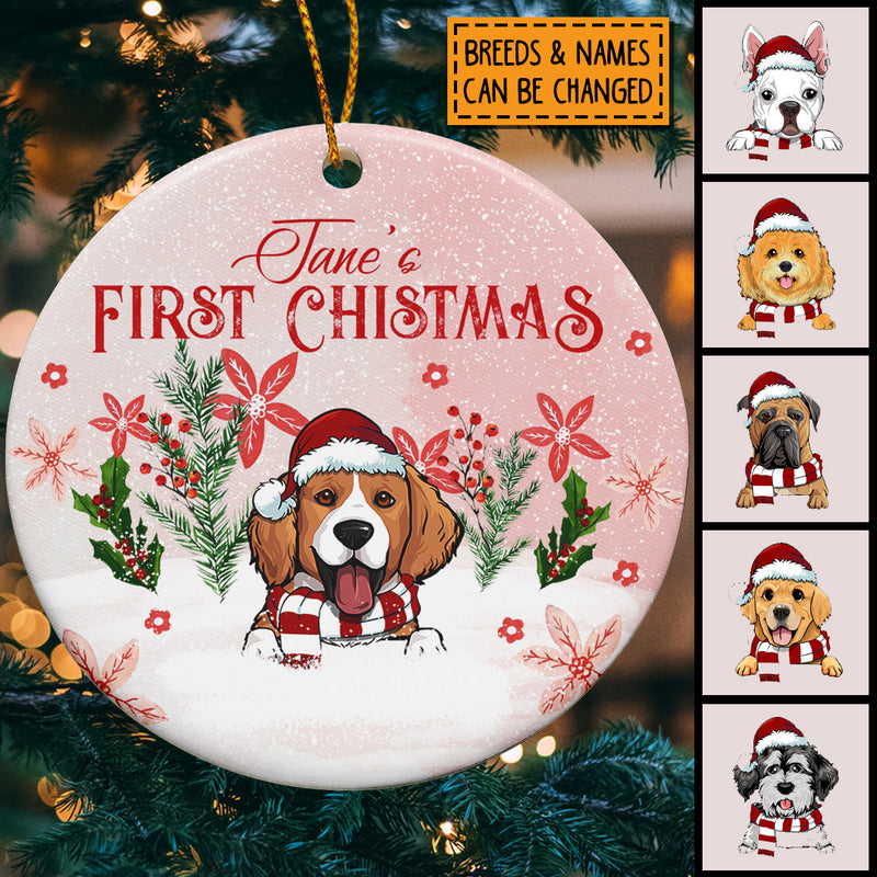 Personalised First Christmas Pink Circle Ceramic Ornament - Personalized Dog Lovers Decorative Christmas Ornament