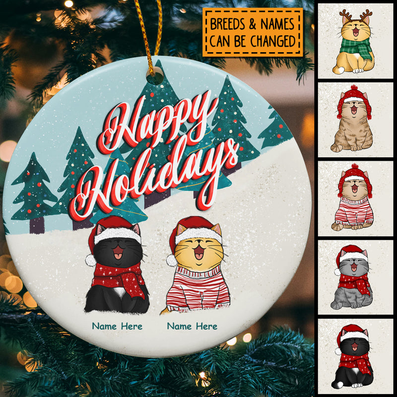 Happy Holidays - Cats In Snow - Personalized Cat Christmas Ornament