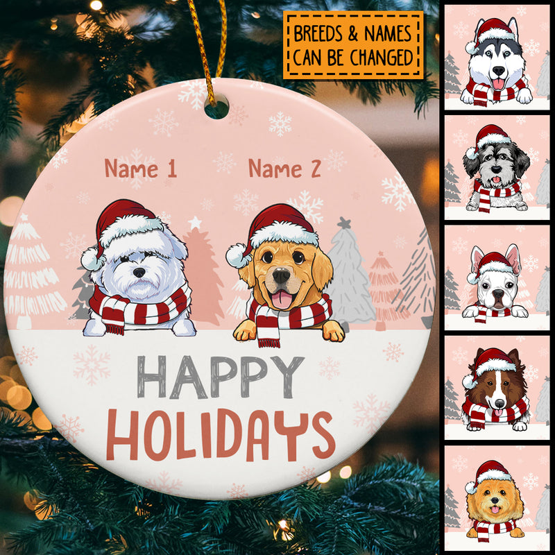 Personalised Happy Holidays Pastel Pink Circle Ceramic Ornament - Personalized Dog Lovers Decorative Christmas Ornament