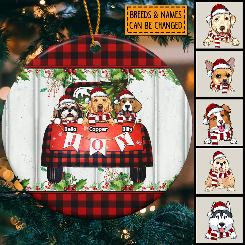 Personalised Joy Red Plaid Pattern Circle Ceramic Ornament - Personalized Dog Lovers Decorative Christmas Ornament