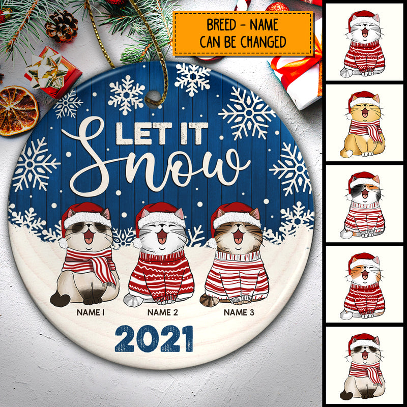 Personalised Let It Snow Blue Wooden Circle Ceramic Ornament - Personalized Cat Lovers Decorative Christmas Ornament