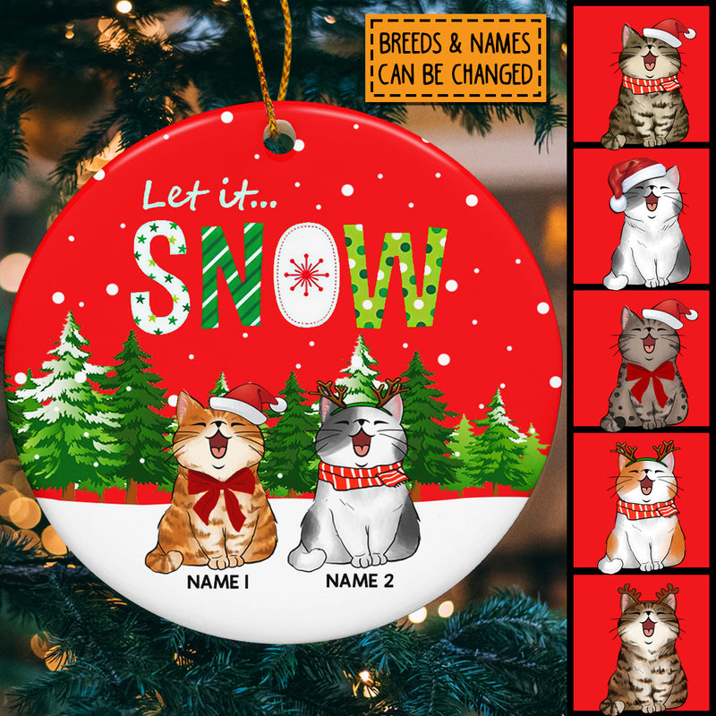 Personalised Let It Snow Red Background Circle Ceramic Ornament - Personalized Cat Lovers Decorative Christmas Ornament
