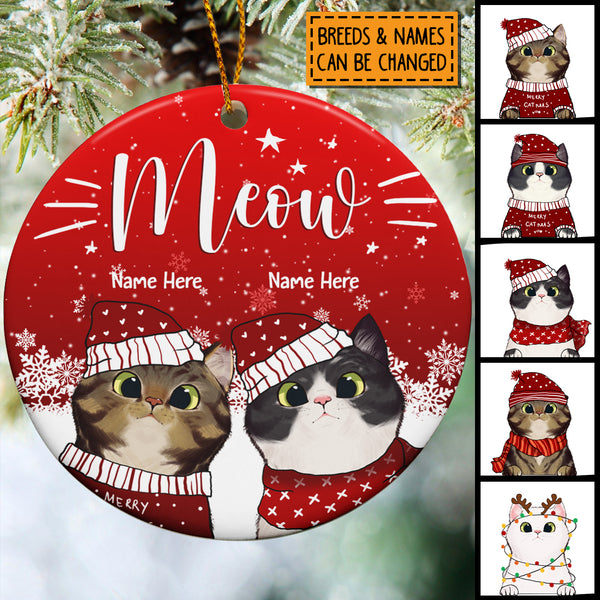 Personalised Meow Xmas Winter Cats Red Circle Ceramic Ornament - Personalized Cat Lovers Decorative Christmas Ornament