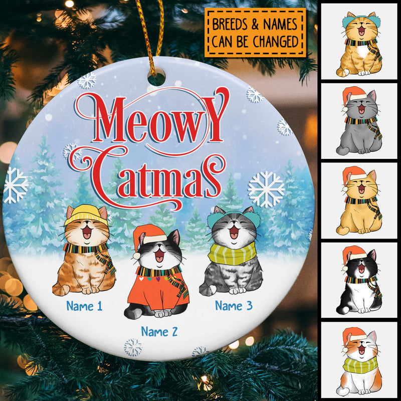 Personalised Meowy Catmas Bluetone Ver 1 Circle Ceramic Ornament - Personalized Cat Lovers Decorative Christmas Ornament
