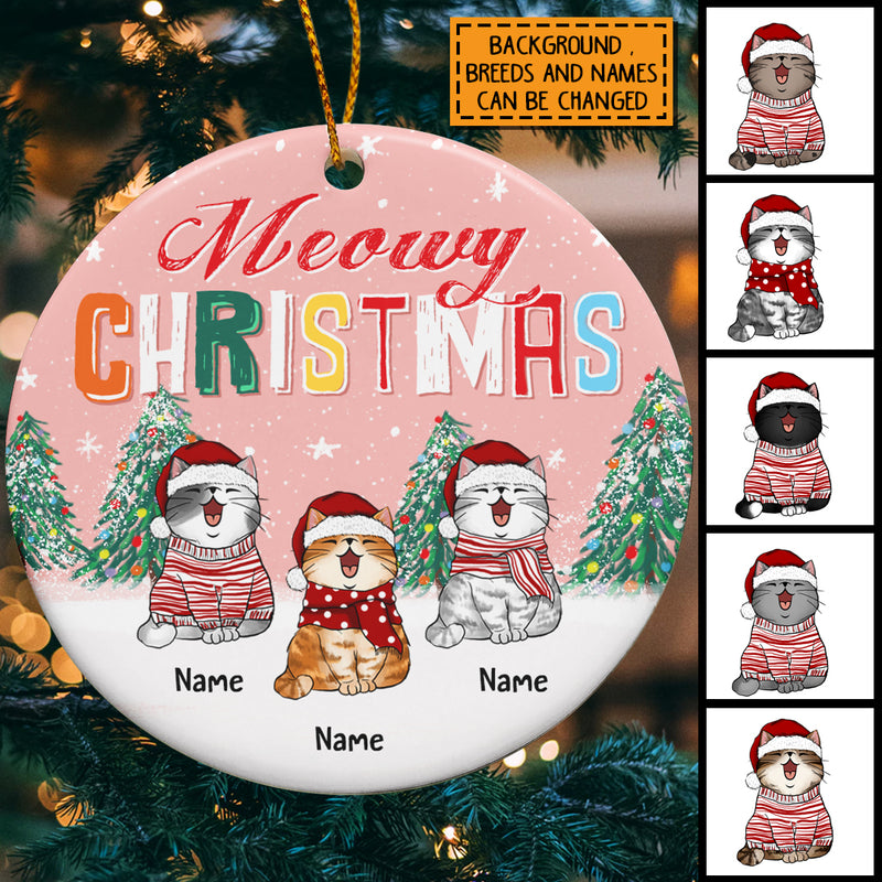 Personalised Meowy Christmas Pinky Circle Ceramic Ornament - Personalized Cat Lovers Decorative Christmas Ornament