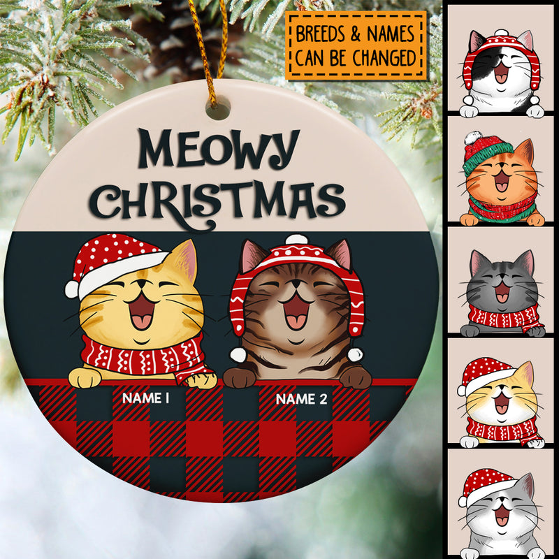 Personalised Meowy Christmas Red Plaid Circle Ceramic Ornament - Personalized Cat Lovers Decorative Christmas Ornament