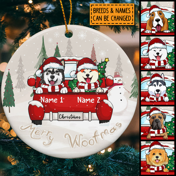 Personalised Merry Woofmas Red Truck Circle Ceramic Ornament - Personalized Dog Lovers Decorative Christmas Ornament