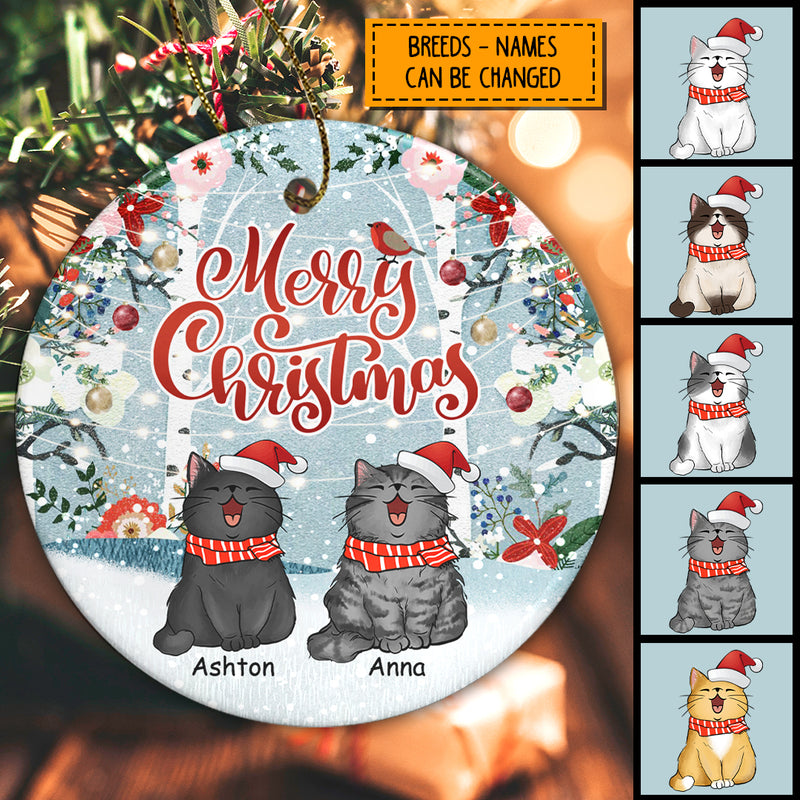 Personalised Merry Christmas Floral Gray Circle Ceramic Ornament - Personalized Cat Lovers Decorative Christmas Ornament