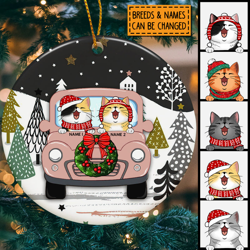 Personalised Merry Christmas Pink Truck Circle Ceramic Ornament - Personalized Cat Lovers Decorative Christmas Ornament