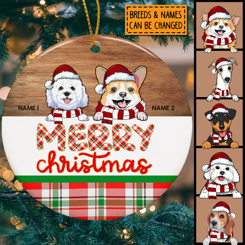 Personalised Merry Christmas Plaid Circle Ceramic Ornament - Personalized Dog Lovers Decorative Christmas Ornament