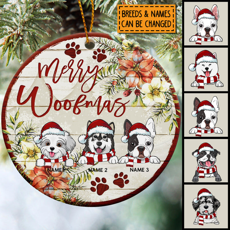Personalised Merry Woofmas Bright Wooden Circle Ceramic Ornament - Personalized Dog Lovers Decorative Christmas Ornament
