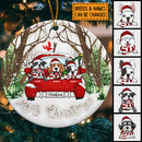 Personalised Merry Xmas Dogs On Red Car Circle Ceramic Ornament - Personalized Dog Lovers Decorative Christmas Ornament