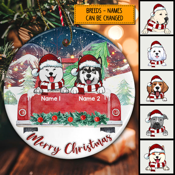 Personalised Merry Xmas Red Truck Circle Ceramic Ornament - Personalized Dog Lovers Decorative Christmas Ornament