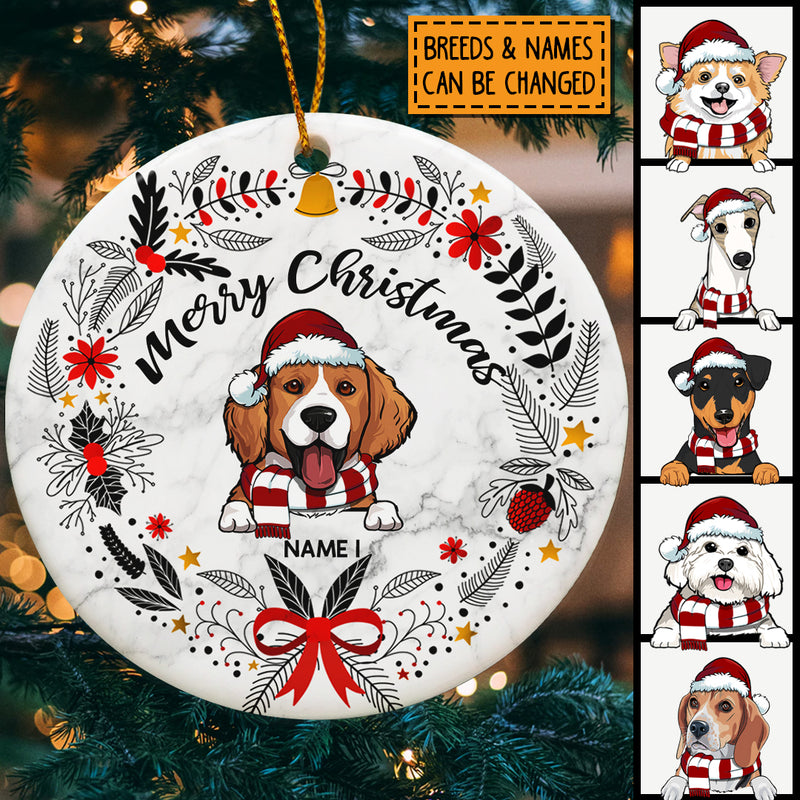 Personalised Merry Xmas White Marble Circle Ceramic Ornament - Personalized Dog Lovers Decorative Christmas Ornament
