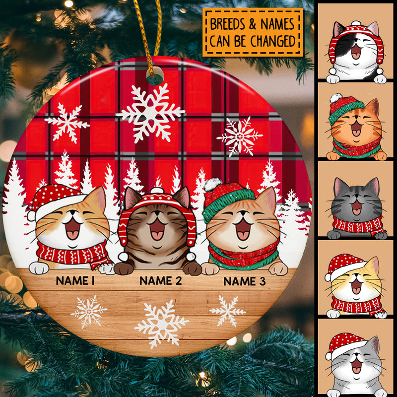 Personalised Peeking Cat Red Plaid Xmas Circle Ceramic Ornament - Personalized Cat Lovers Decorative Christmas Ornament