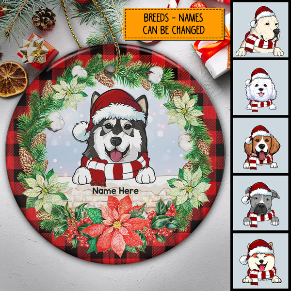 Personalised Red Plaid And Wreath Around Circle Ceramic Ornament - Personalized Dog Lovers Decorative Christmas Ornament