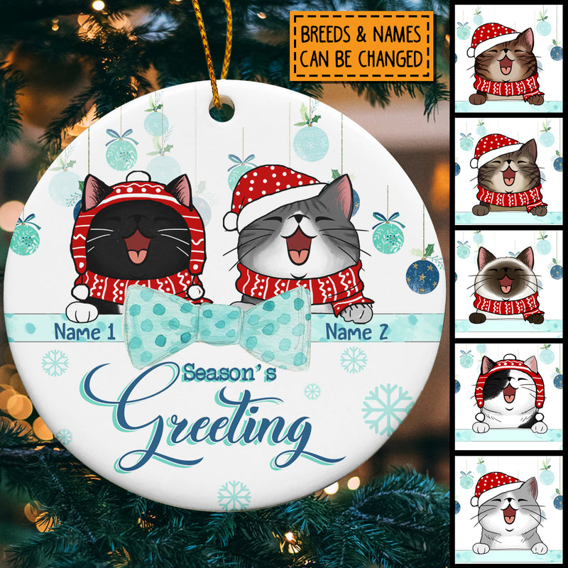 Personalised Season's Greeting Mint Bow Circle Ceramic Ornament - Personalized Cat Lovers Decorative Christmas Ornament