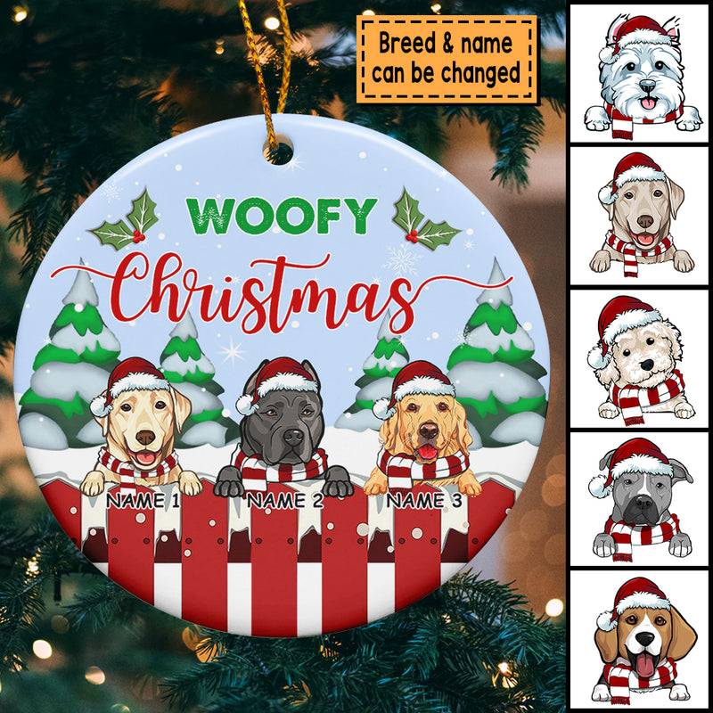 Personalised Woofy Christmas Red Fence Circle Ceramic Ornament - Personalized Dog Lovers Decorative Christmas Ornament