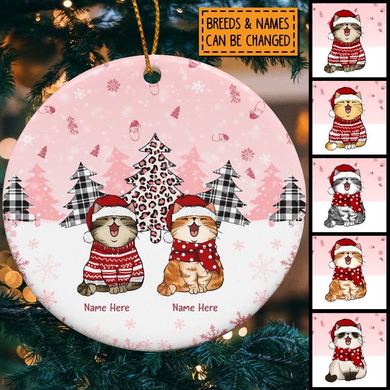 Personalised Xmas Cat Pinktone Circle Ceramic Ornament - Personalized Cat Lovers Decorative Christmas Ornament