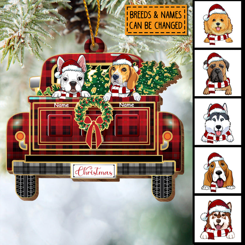 Personalised Xmas Dog On Red Plaid Truck Shaped Wooden Ornament - Personalized Dog Lovers Decorative Christmas Ornament