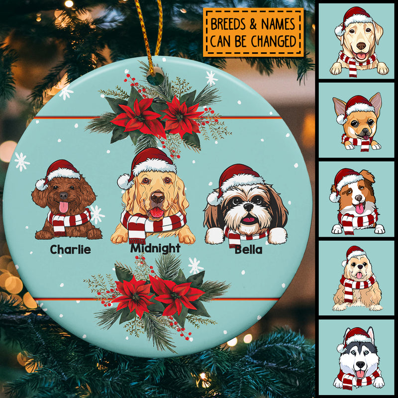 Personalised Xmas Dogs On Blue Circle Ceramic Ornament - Personalized Dog Lovers Decorative Christmas Ornament