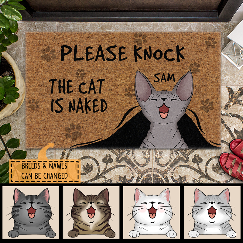 Pawzity Funny Welcome Mat, Gifts For Cat Lovers, Please Knock The Cat Is Naked Outdoor Door Mat