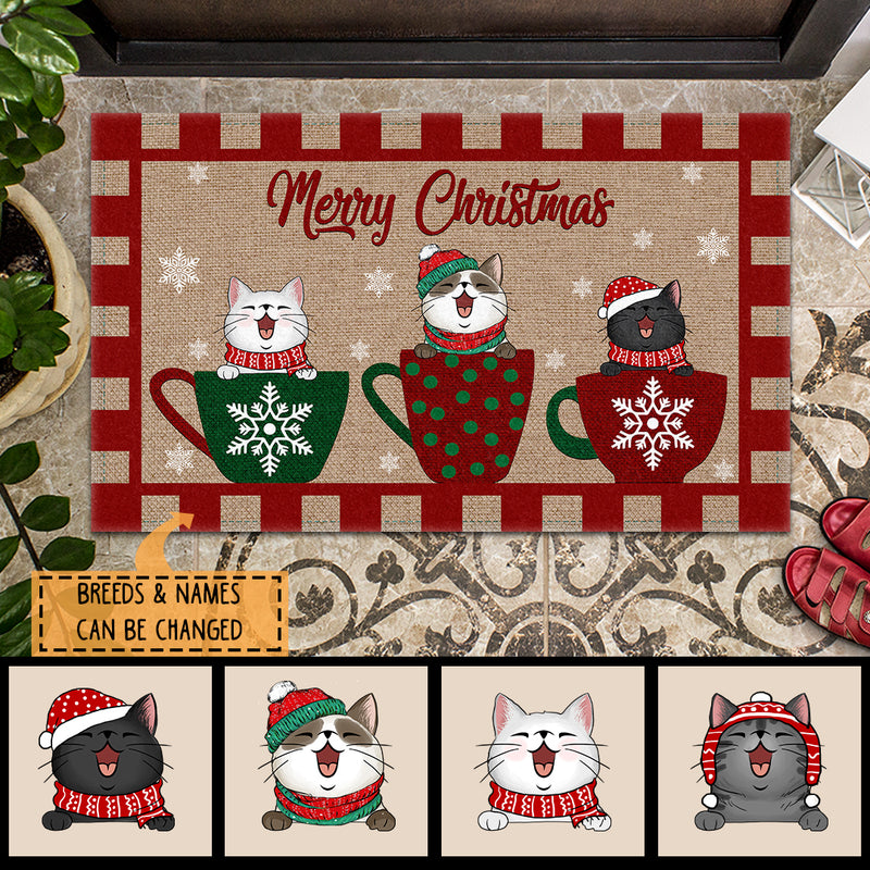 Christmas Personalized Doormat, Gifts For Cat Lovers, Merry Christmas Cats In Cups Holiday Doormat