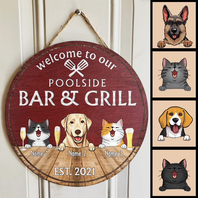 Pawzity Poolside Bar & Grill Welcome Door Signs, Gifts For Pet Lovers, Couple Of Spatula Custom Wooden Signs