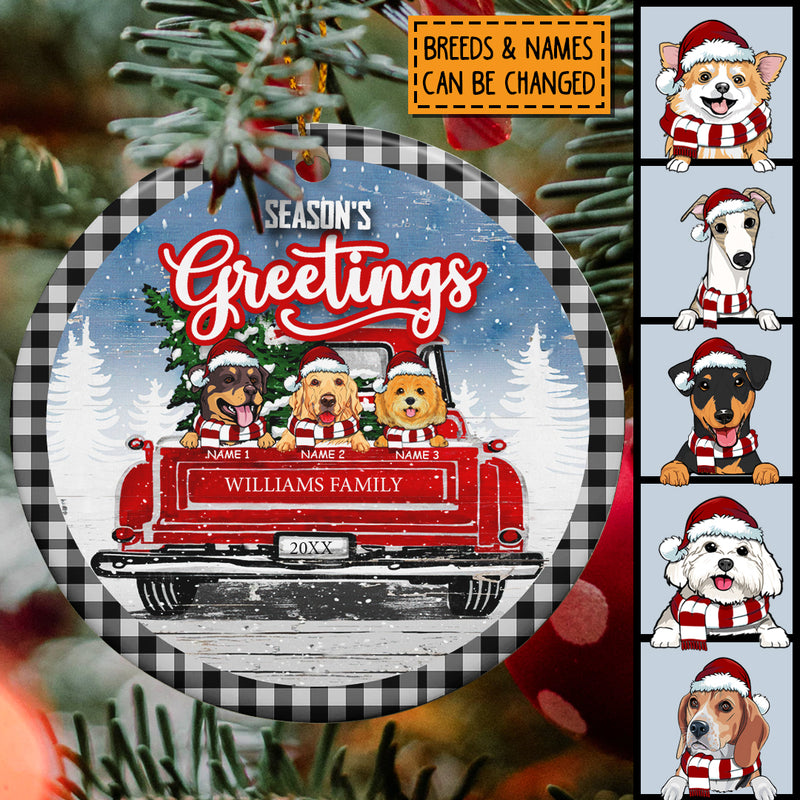 Season's Greeting Black Plaid Around Circle Ceramic Ornament - Personalized Dog Lovers Decorative Christmas Ornament