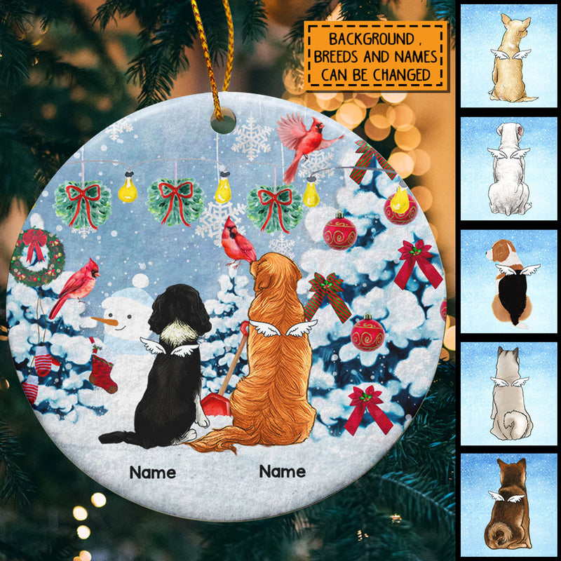 Snowy Xmas Tree Red Cardinals Memorial Circle Ceramic Ornament - Personalized Angel Dog Decorative Christmas Ornament