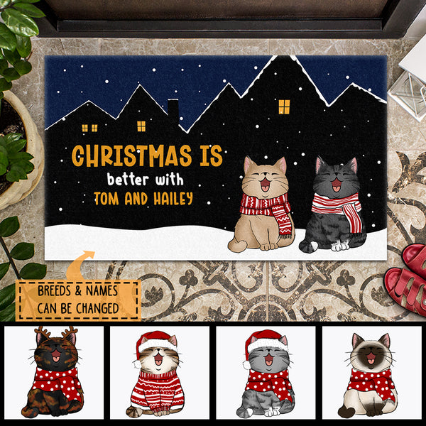 Christmas Personalized Doormat, Gifts For Cat Lovers, Christmas Is Better With Cats Front Door Mat