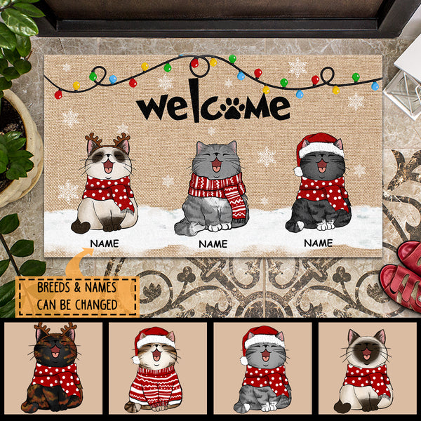 Christmas Personalized Doormat, Gifts For Cat Lovers, Welcome Snowflake & Xmas Lights Front Door Mat